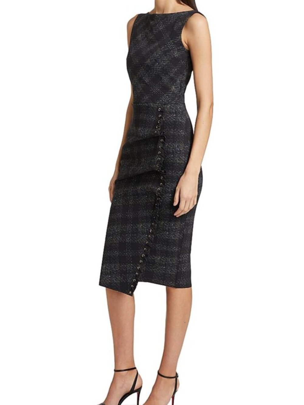 Chiara Boni Adlia Plaid Print Dress Sz 8 NWT Winter Boucle Gray Asymmetric Drape